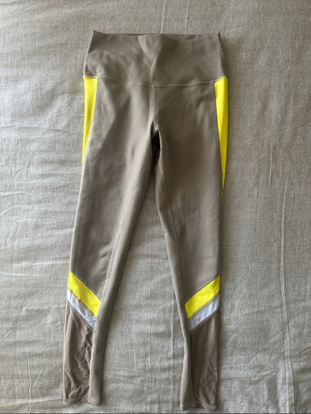 ALO Yoga Taupe Leggings with Neon Yellow Panels